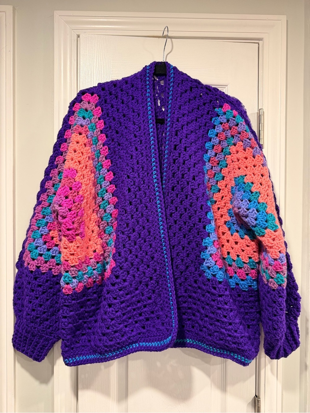 Handmade Crochet Granny Square One Size Cozy Cardigan Boho Chunky Knit Sweater